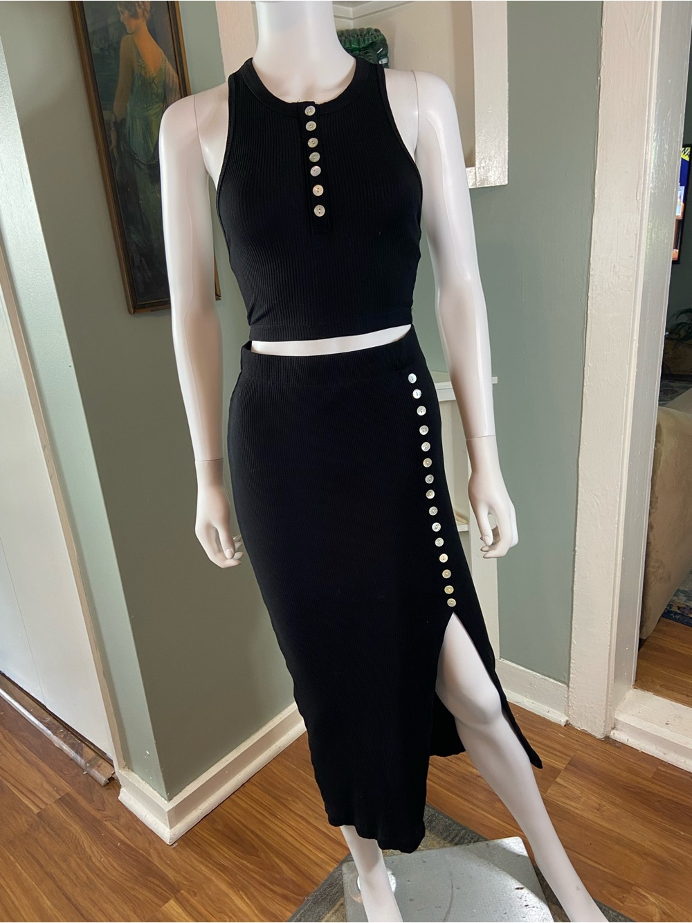 Zara 2Pc Set Crop Tank Top Midi Skirt Side Button Slit Black Bodycon Small Dress